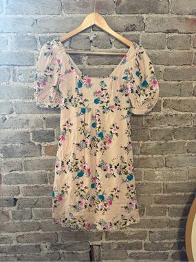 Cream Floral Puff-Sleeve Mini Dress with Pink & Blue Flowers